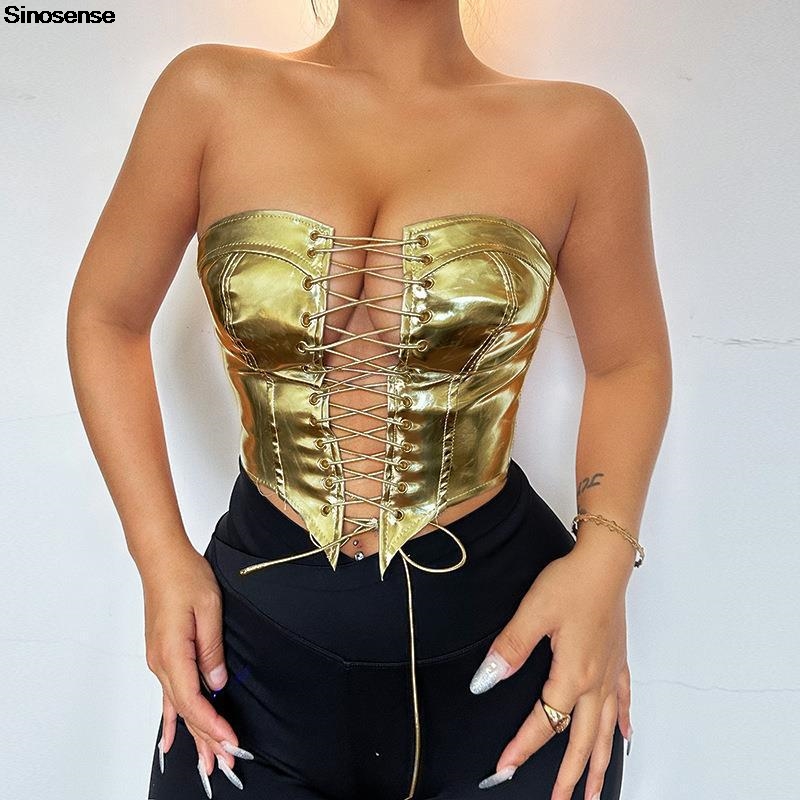 Women PU Leather Bustier Crop  - Strapless Bra Backless review and price